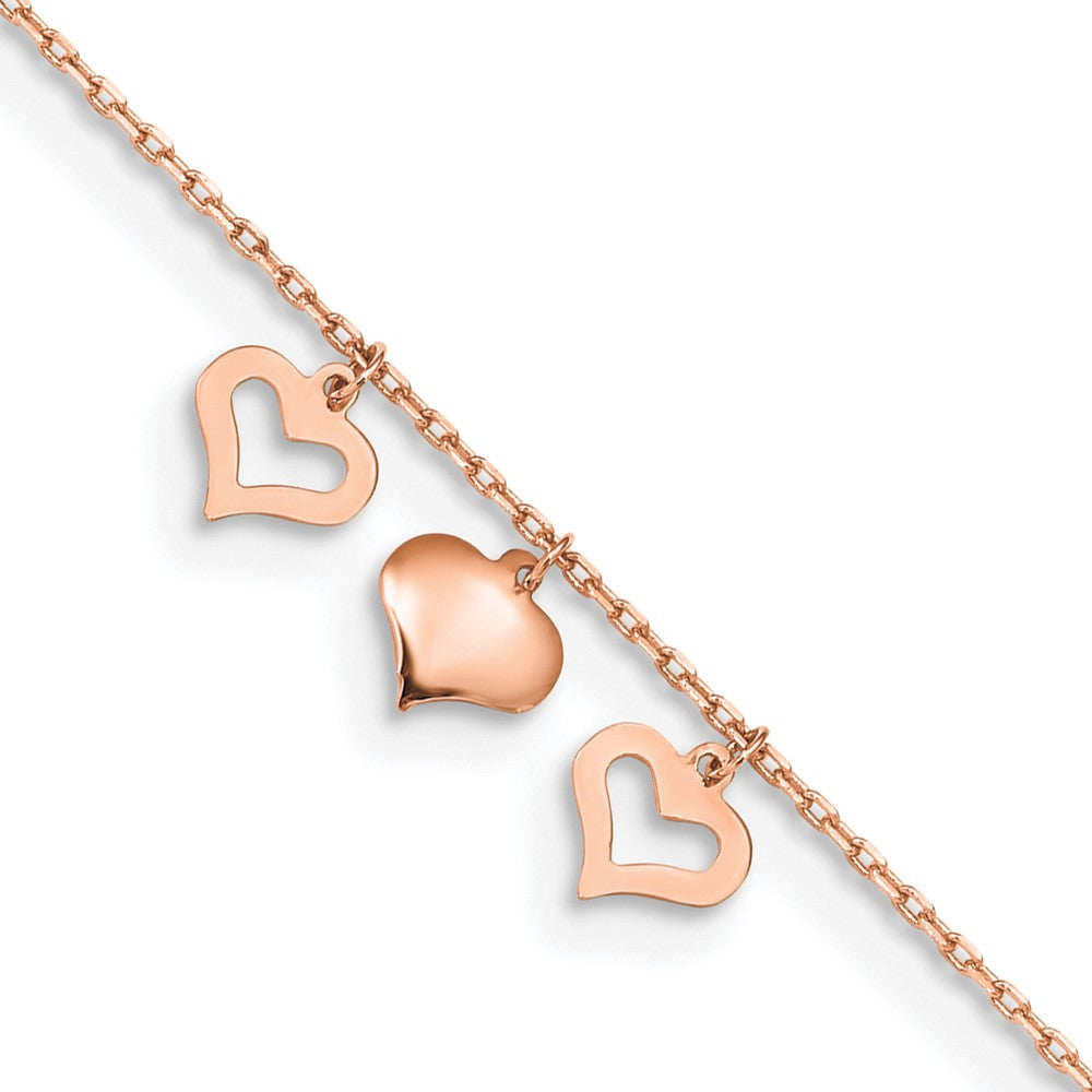 14k Rose Gold 3 Heart Dangles 9 inch Plus 1 inch Extender - Total 10 inch Anklet