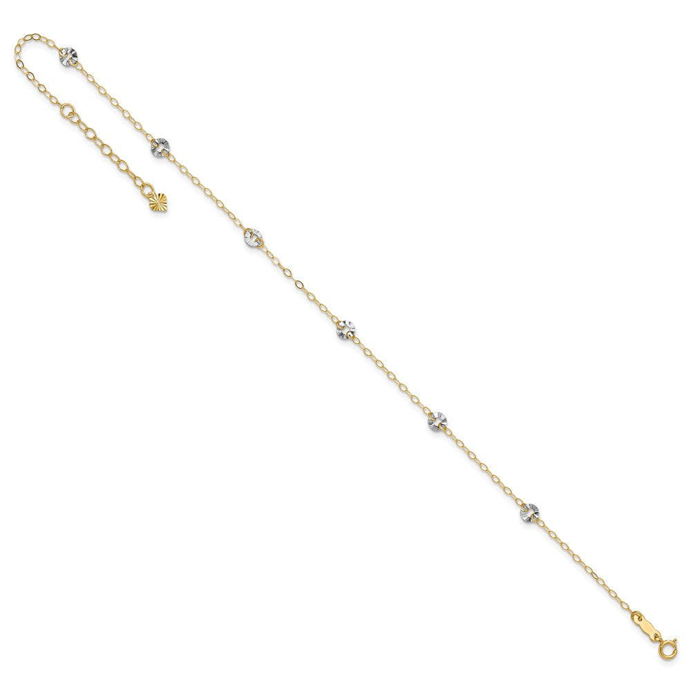 14K Two-tone Chain and Wavy Circles 6-Station 9 inch Plus 1 inch Extender - Total 10 inch Anklet