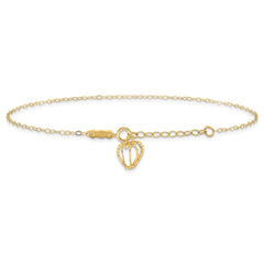 14K Cable Chain with Diamond-cut Heart Cage Dangle 9 inch Plus 1 inch Extender - Total 10 inch Anklet