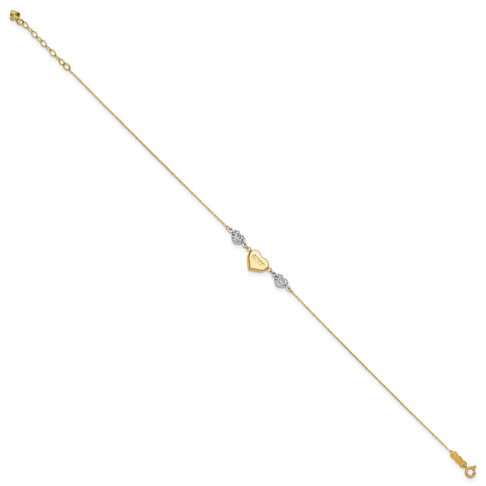 14K Two-tone Diamond-cut and LOVE Puffed Heart 9 inch Plus 1 inch Extender - Total 10 inch Anklet