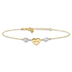 14K Two-tone Diamond-cut and LOVE Puffed Heart 9 inch Plus 1 inch Extender - Total 10 inch Anklet
