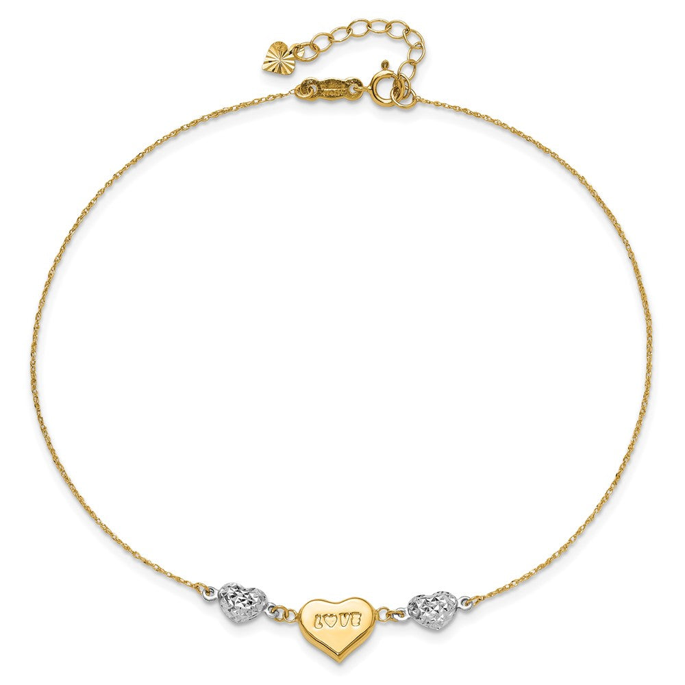 14K Two-tone Diamond-cut and LOVE Puffed Heart 9 inch Plus 1 inch Extender - Total 10 inch Anklet