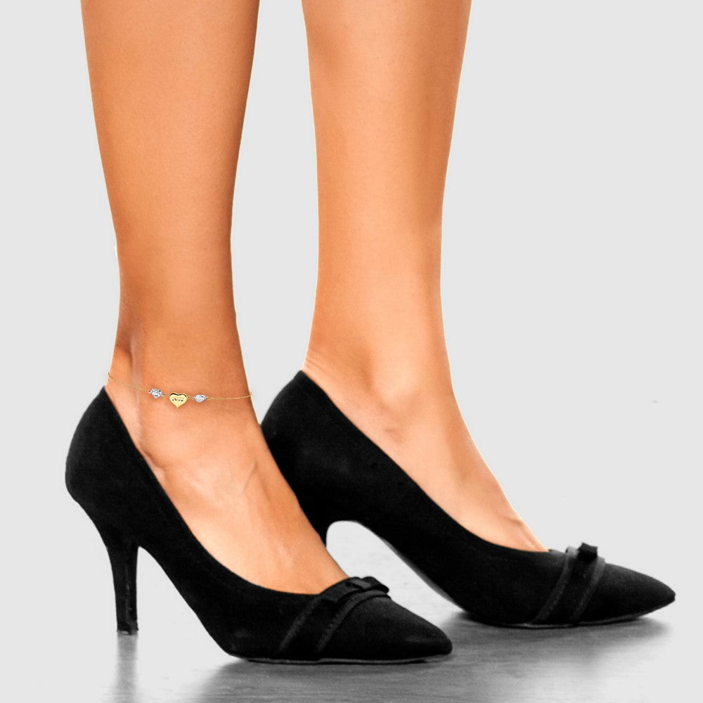 14K Two-tone Diamond-cut and LOVE Puffed Heart 9 inch Plus 1 inch Extender - Total 10 inch Anklet