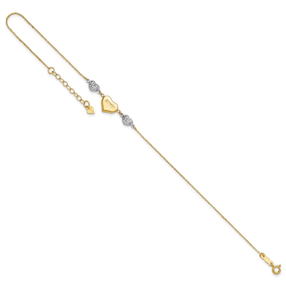 14K Two-tone Diamond-cut and LOVE Puffed Heart 9 inch Plus 1 inch Extender - Total 10 inch Anklet