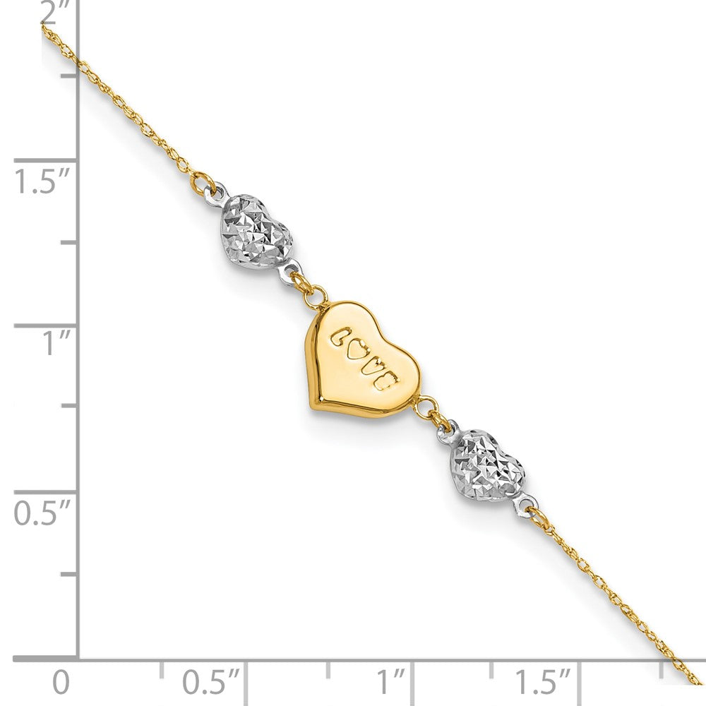 14K Two-tone Diamond-cut and LOVE Puffed Heart 9 inch Plus 1 inch Extender - Total 10 inch Anklet