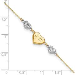 14K Two-tone Diamond-cut and LOVE Puffed Heart 9 inch Plus 1 inch Extender - Total 10 inch Anklet