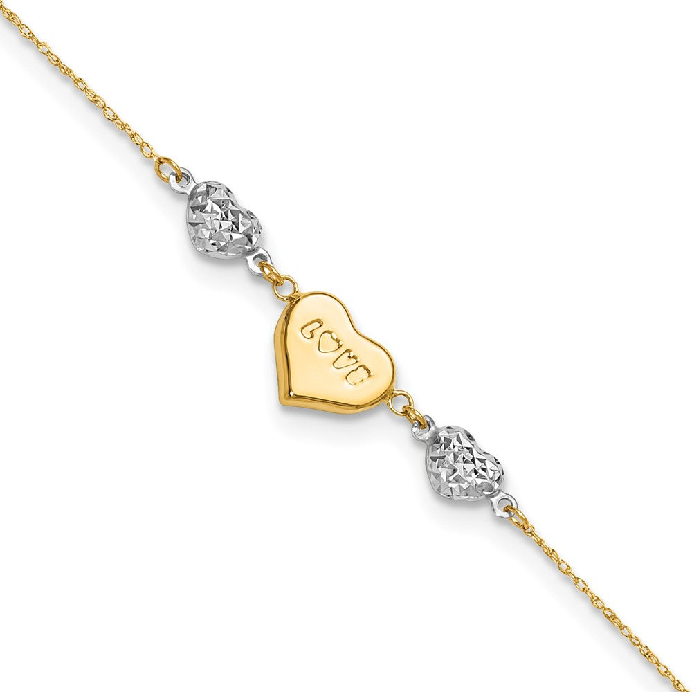 14K Two-tone Diamond-cut and LOVE Puffed Heart 9 inch Plus 1 inch Extender - Total 10 inch Anklet