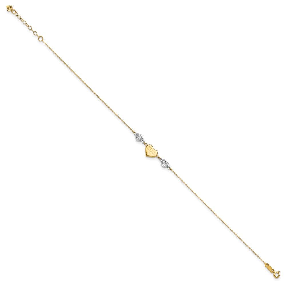 14K Two-tone Diamond-cut and MOM Puffed Heart 10 inch Plus 1 inch Extender - Total 11 inch Anklet
