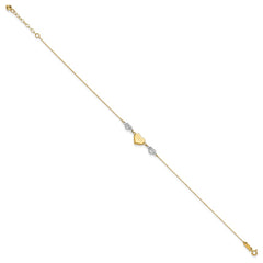 14K Two-tone Diamond-cut and MOM Puffed Heart 10 inch Plus 1 inch Extender - Total 11 inch Anklet