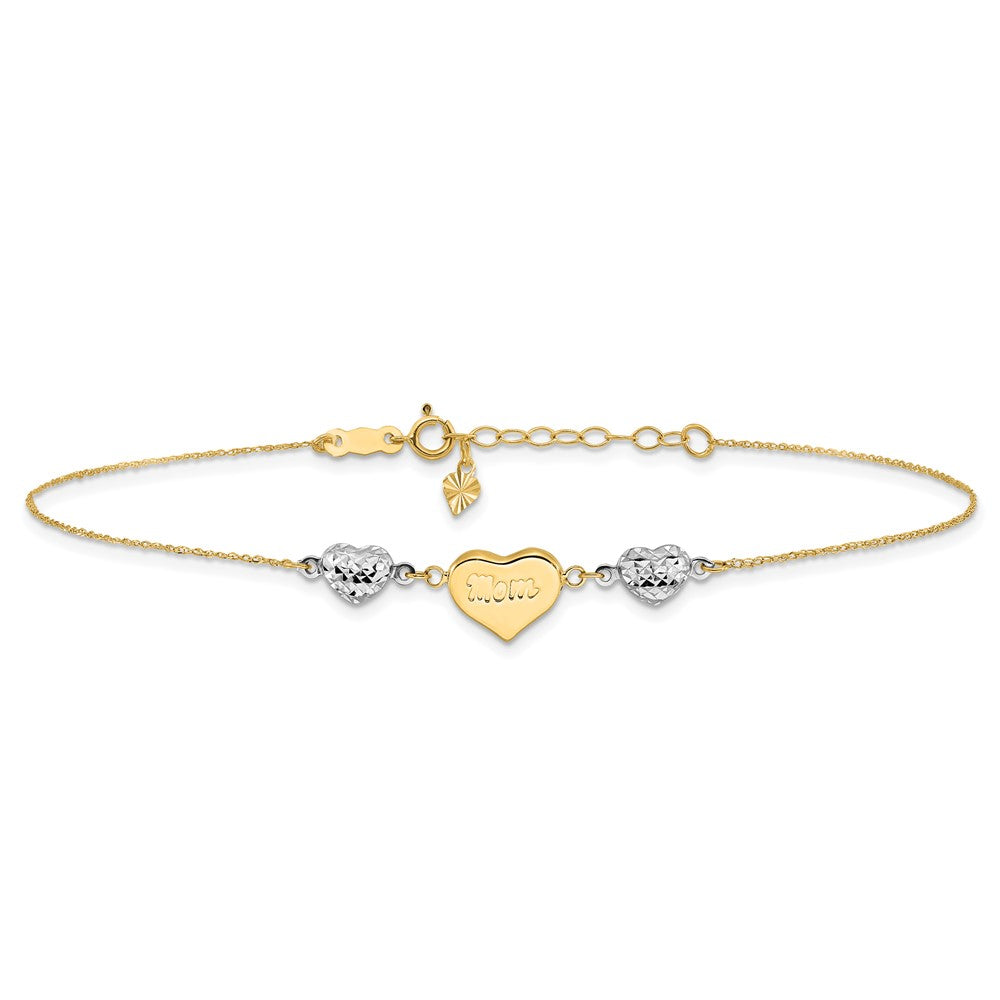 14K Two-tone Diamond-cut and MOM Puffed Heart 10 inch Plus 1 inch Extender - Total 11 inch Anklet
