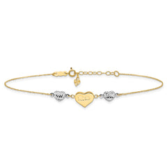 14K Two-tone Diamond-cut and MOM Puffed Heart 10 inch Plus 1 inch Extender - Total 11 inch Anklet