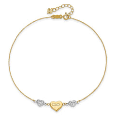 14K Two-tone Diamond-cut and MOM Puffed Heart 10 inch Plus 1 inch Extender - Total 11 inch Anklet