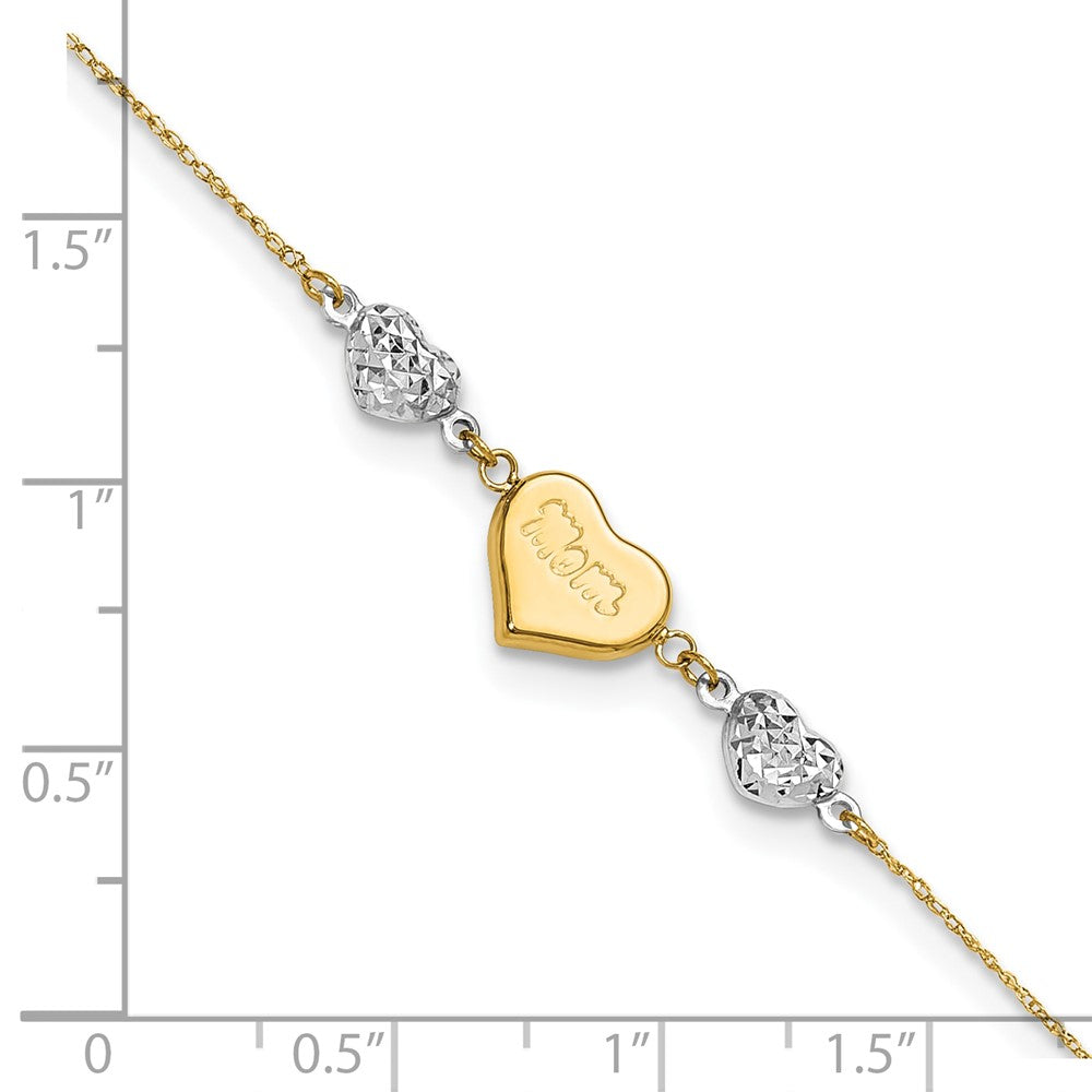 14K Two-tone Diamond-cut and MOM Puffed Heart 10 inch Plus 1 inch Extender - Total 11 inch Anklet