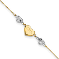 14K Two-tone Diamond-cut and MOM Puffed Heart 10 inch Plus 1 inch Extender - Total 11 inch Anklet