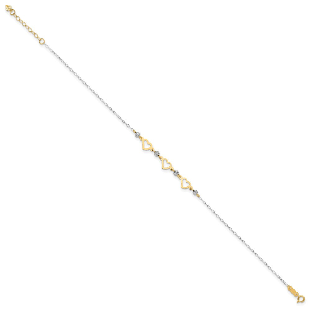 14K Two-tone Three Hearts and Diamond-cut Beads 9 inch Plus 1 inch Extender - Total 10 inch Anklet