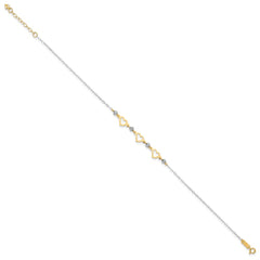 14K Two-tone Three Hearts and Diamond-cut Beads 9 inch Plus 1 inch Extender - Total 10 inch Anklet