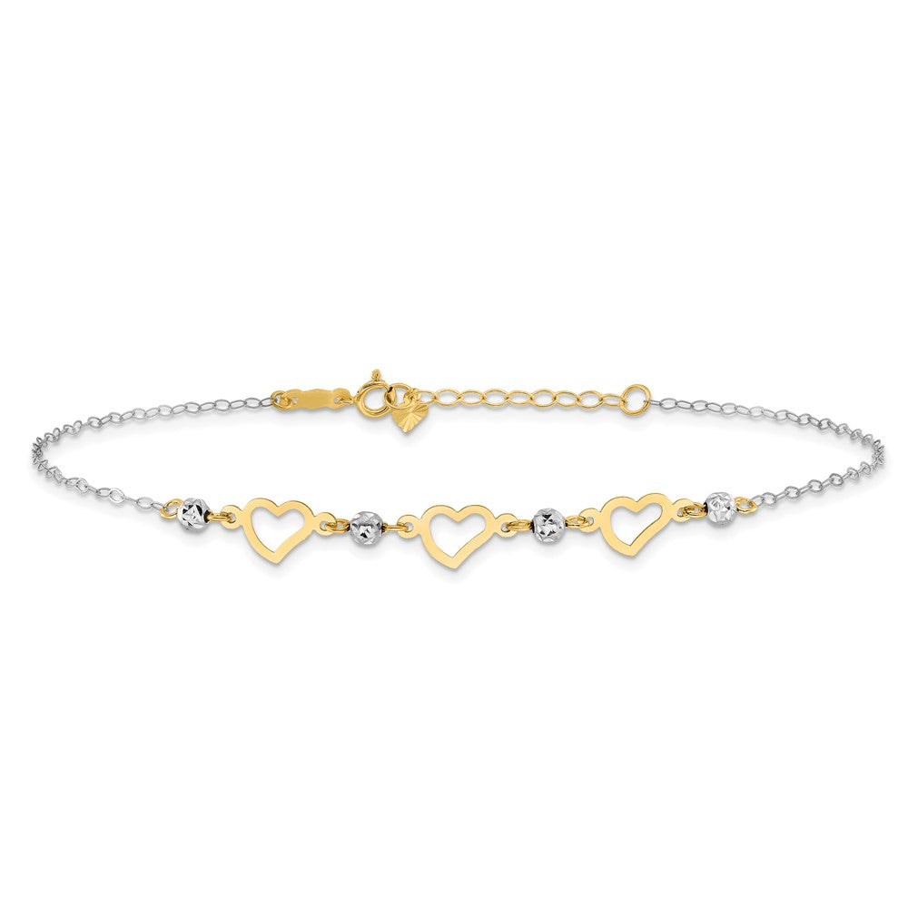 14K Two-tone Three Hearts and Diamond-cut Beads 9 inch Plus 1 inch Extender - Total 10 inch Anklet