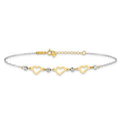 14K Two-tone Three Hearts and Diamond-cut Beads 9 inch Plus 1 inch Extender - Total 10 inch Anklet