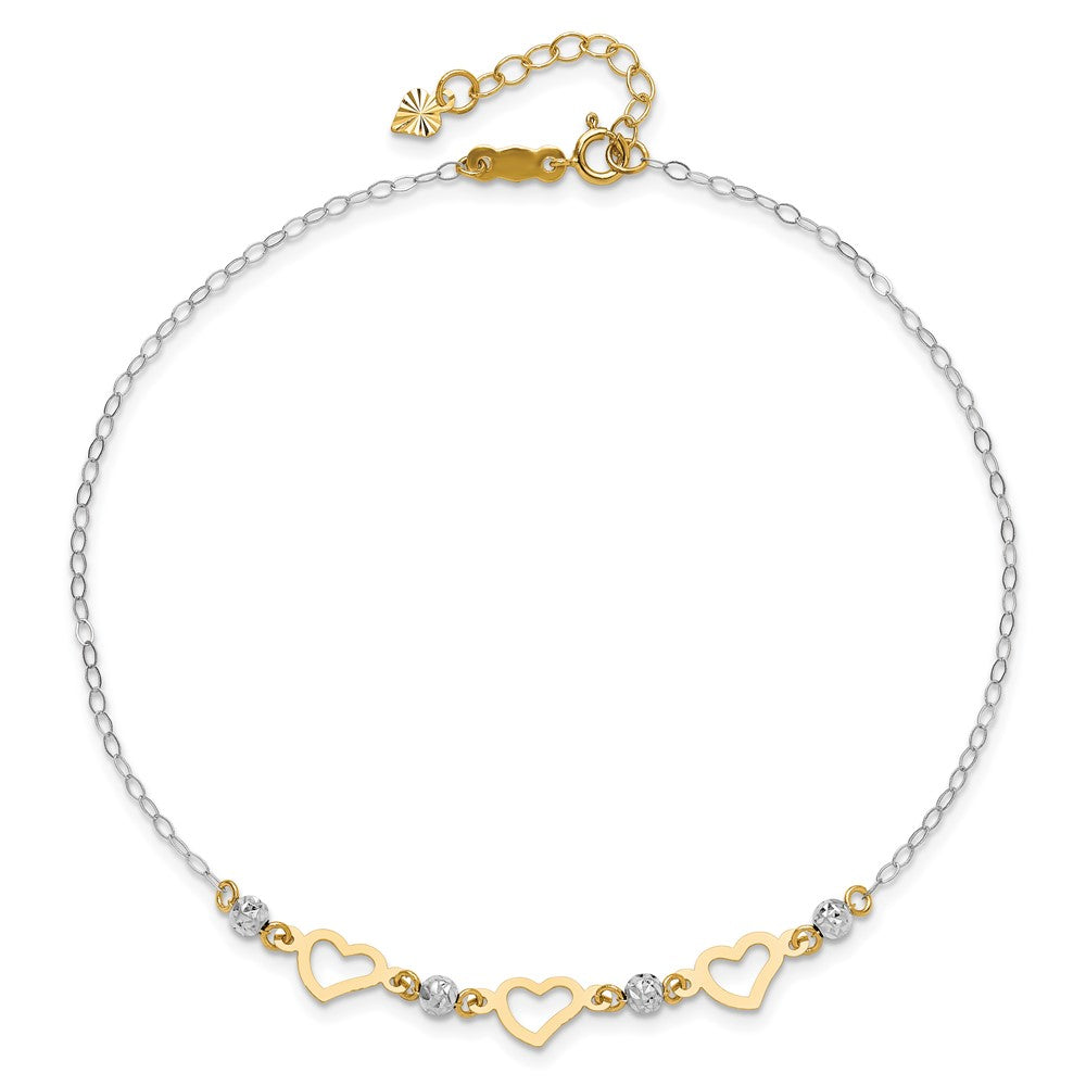 14K Two-tone Three Hearts and Diamond-cut Beads 9 inch Plus 1 inch Extender - Total 10 inch Anklet