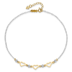 14K Two-tone Three Hearts and Diamond-cut Beads 10 inch Plus 1 inch Extender - Total 11 inch Anklet