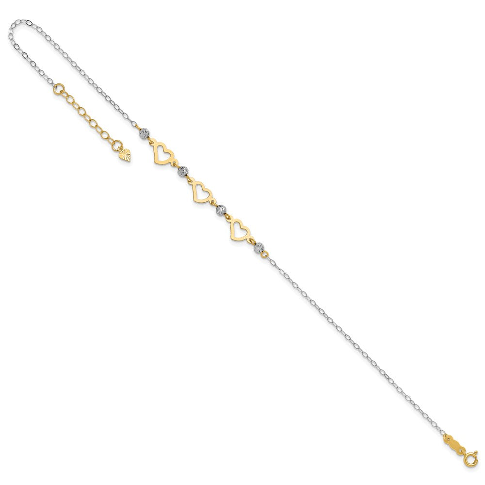 14K Two-tone Three Hearts and Diamond-cut Beads 9 inch Plus 1 inch Extender - Total 10 inch Anklet
