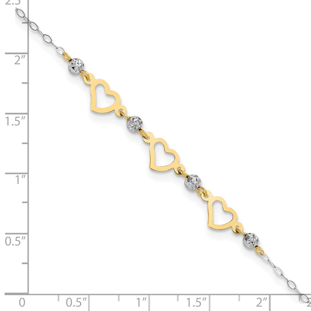 14K Two-tone Three Hearts and Diamond-cut Beads 9 inch Plus 1 inch Extender - Total 10 inch Anklet