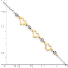 14K Two-tone Three Hearts and Diamond-cut Beads 9 inch Plus 1 inch Extender - Total 10 inch Anklet