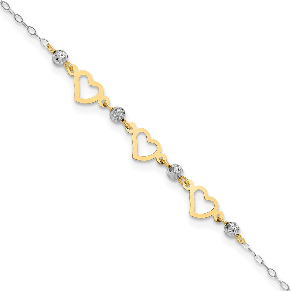 14K Two-tone Three Hearts and Diamond-cut Beads 9 inch Plus 1 inch Extender - Total 10 inch Anklet