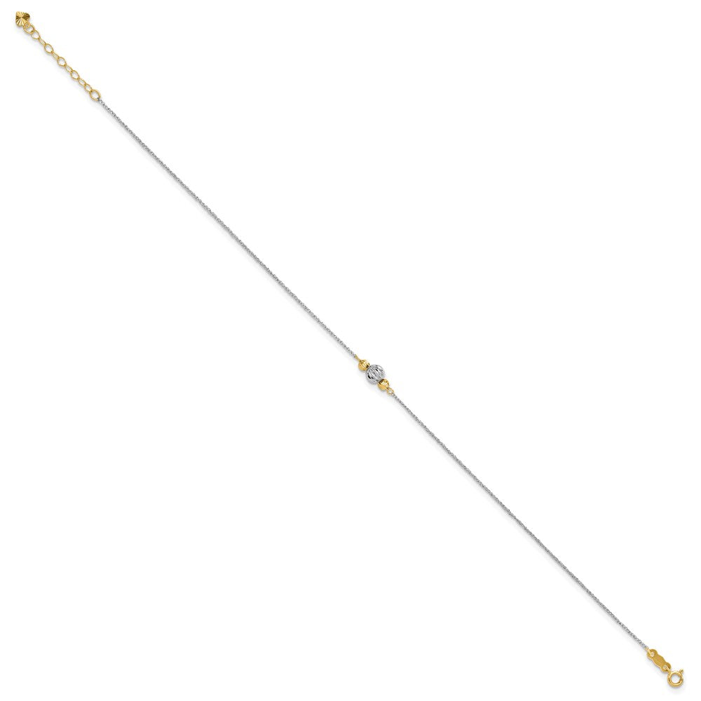 14K Two-tone Chain and Diamond-cut Beads 9 inch Plus 1 inch Extender - Total 10 inch Anklet