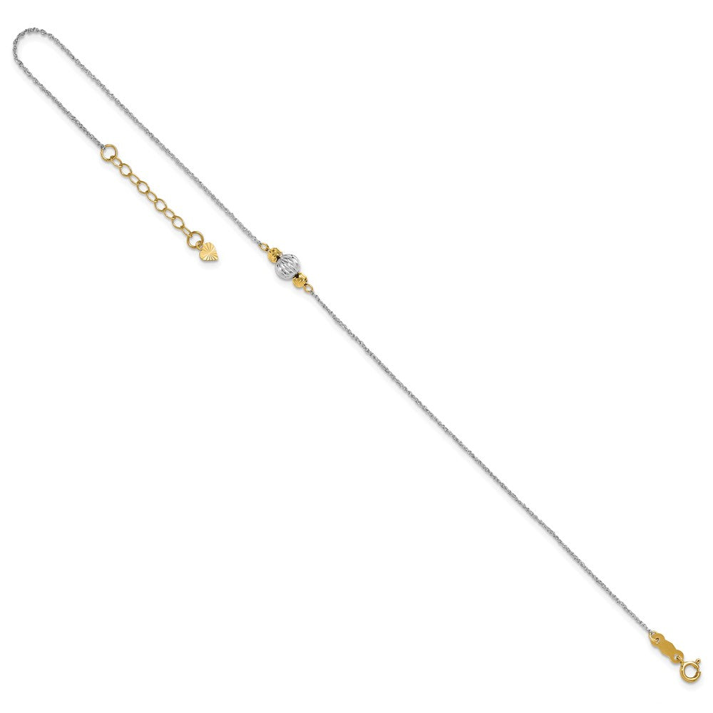 14K Two-tone Chain and Diamond-cut Beads 9 inch Plus 1 inch Extender - Total 10 inch Anklet