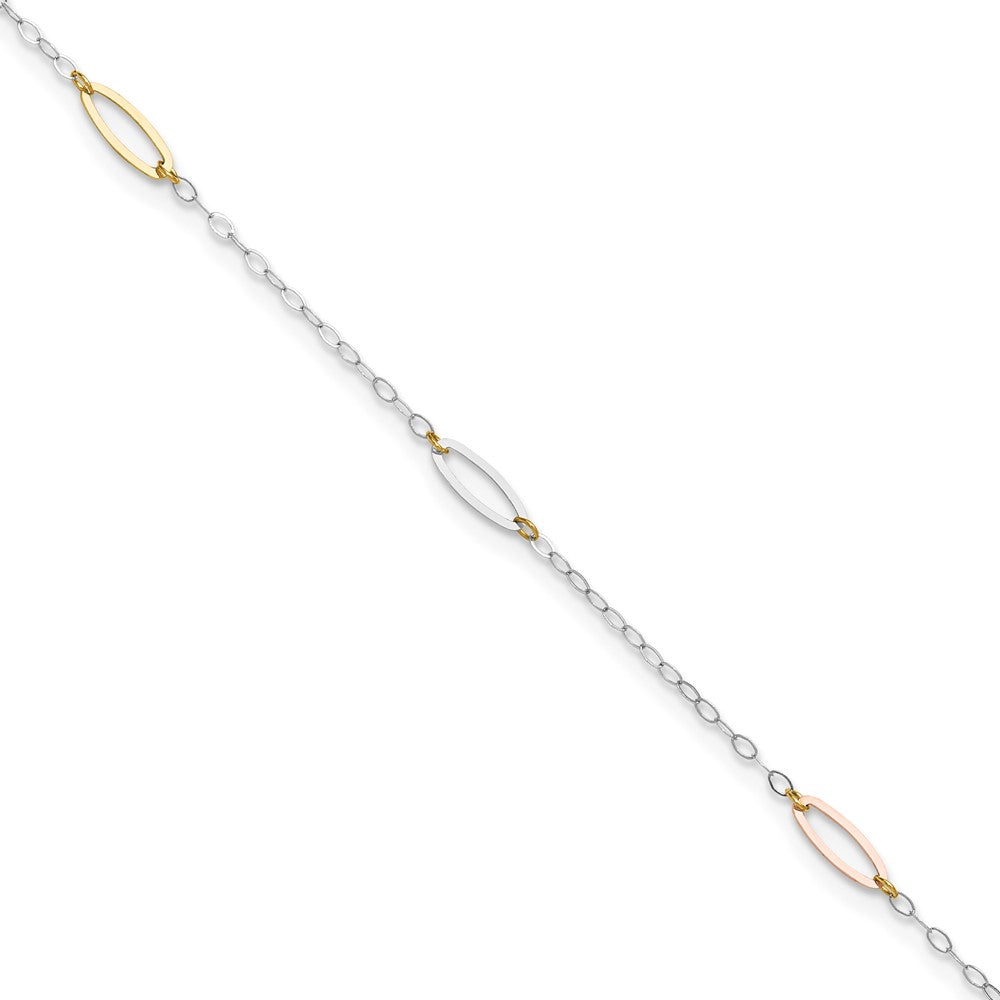 14K Tri-color Oval Link 5-Station 9 inch Plus 1 inch Extender - Total 10 inch Anklet