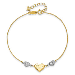 14K Two-tone Puffed MOM Heart and Diamond-cut Beads 7 inch Bracelet Plus 1 inch Heart Dangle Extender