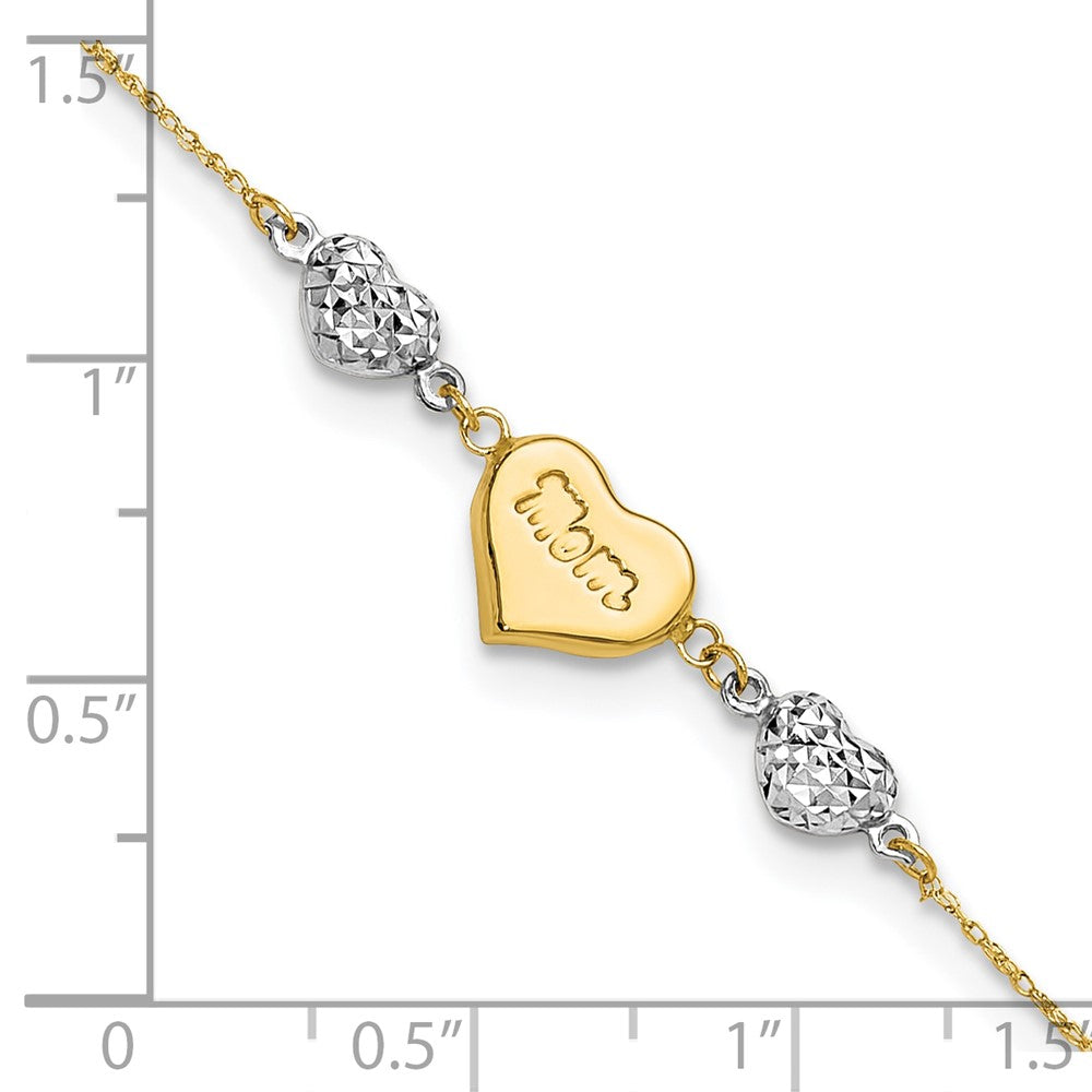 14K Two-tone Puffed MOM Heart and Diamond-cut Beads 7 inch Bracelet Plus 1 inch Heart Dangle Extender