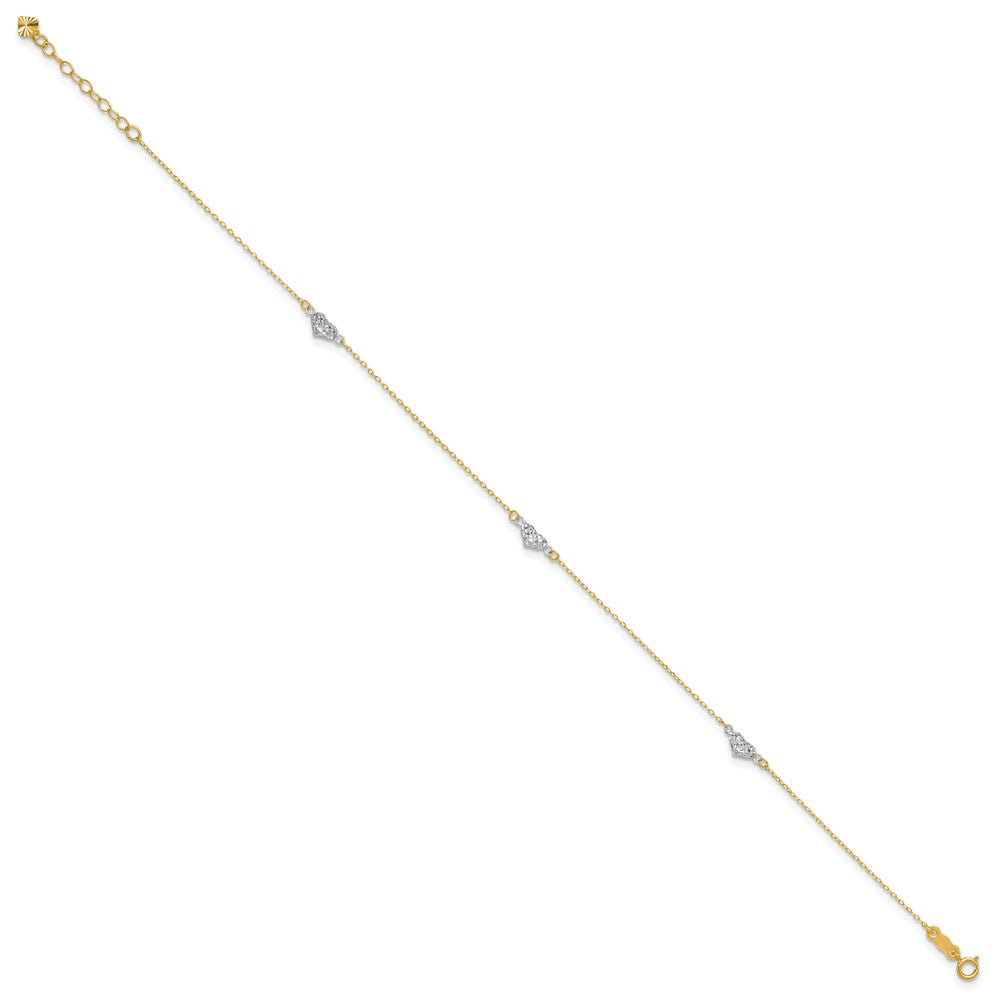 14k Two-tone Diamond-cut Triple Puffed Hearts 9 inch Plus 1 inch Extender - Total 10 inch Anklet - 2