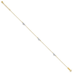14k Two-tone Diamond-cut Triple Puffed Hearts 9 inch Plus 1 inch Extender - Total 10 inch Anklet - 2