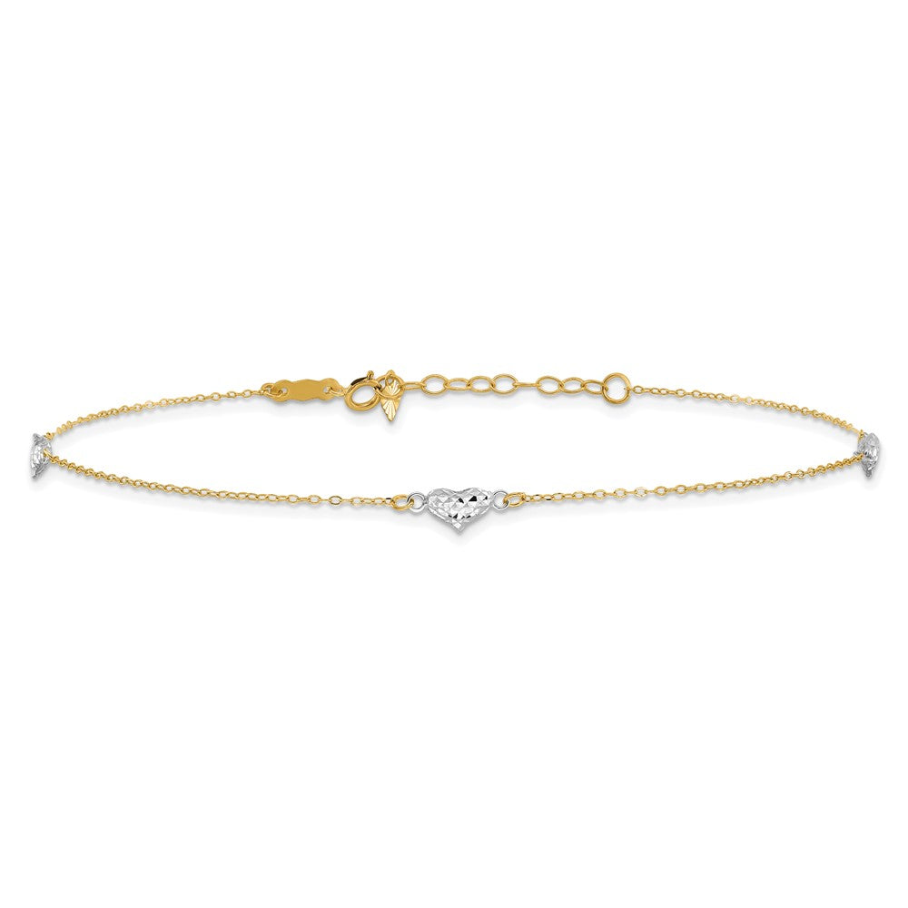 14k Two-tone Diamond-cut Triple Puffed Hearts 9 inch Plus 1 inch Extender - Total 10 inch Anklet - 2