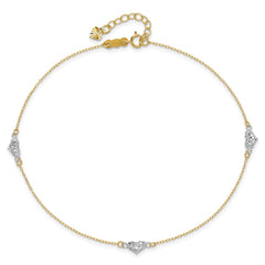 14k Two-tone Diamond-cut Triple Puffed Hearts 9 inch Plus 1 inch Extender - Total 10 inch Anklet - 2