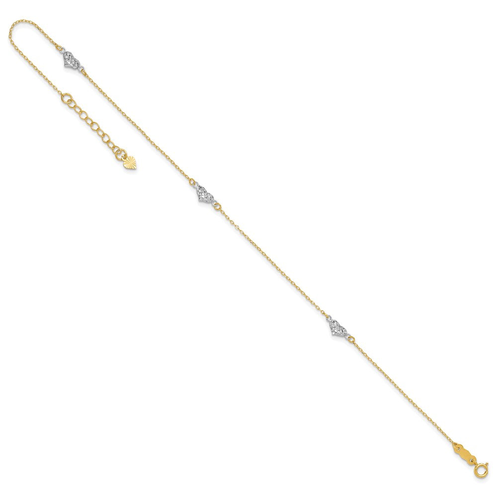 14k Two-tone Diamond-cut Triple Puffed Hearts 9 inch Plus 1 inch Extender - Total 10 inch Anklet - 2