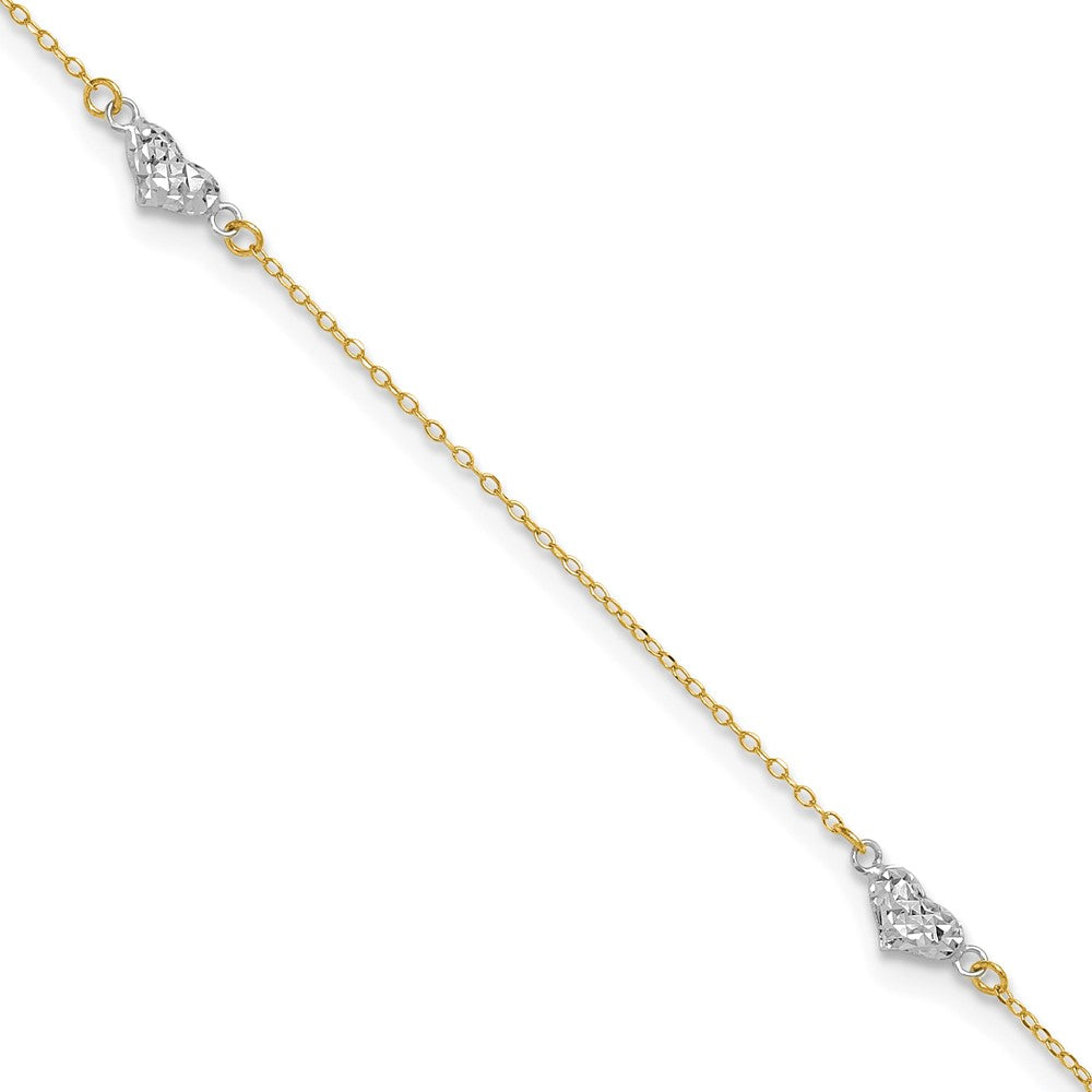 14k Two-tone Diamond-cut Triple Puffed Hearts 9 inch Plus 1 inch Extender - Total 10 inch Anklet - 2