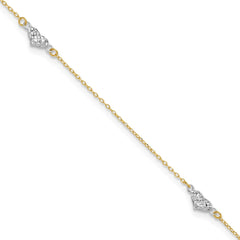 14k Two-tone Diamond-cut Triple Puffed Hearts 9 inch Plus 1 inch Extender - Total 10 inch Anklet - 2