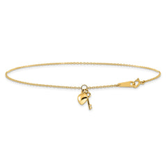 14k Cable Chain with Puffed Heart and Key Dangle 9 inch Plus 1 inch Extender - Total 10 inch Anklet