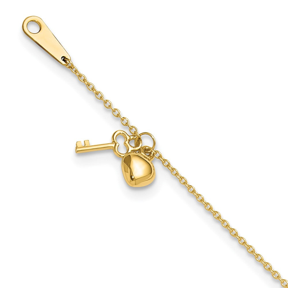 14k Cable Chain with Puffed Heart and Key Dangle 9 inch Plus 1 inch Extender - Total 10 inch Anklet