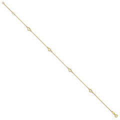 14K Open Hearts 4-Station 10 inch Plus 1 inch Extender - Total 11 inch Anklet