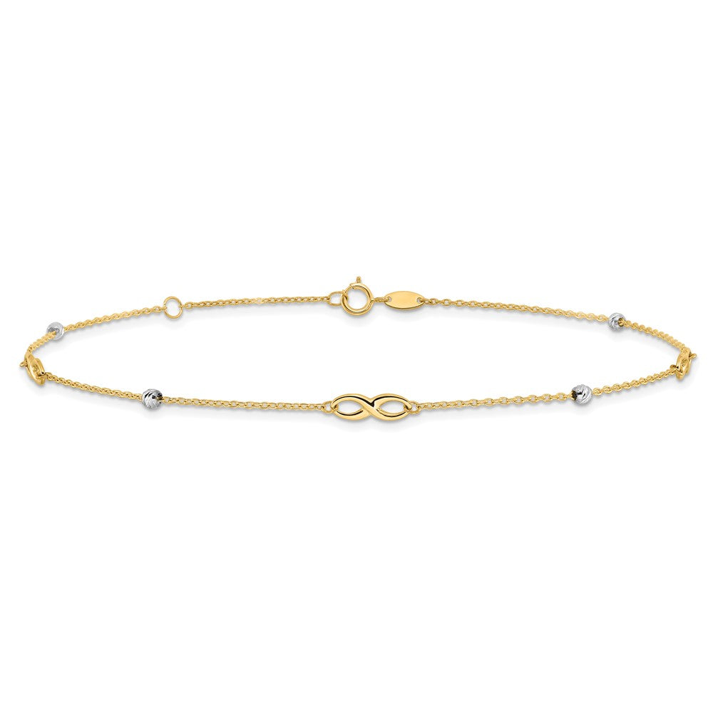 14K Two-Tone Diamond-cut Beads and Infinity 10 inch Plus 1 inch Extender - Total 11 inch Anklet