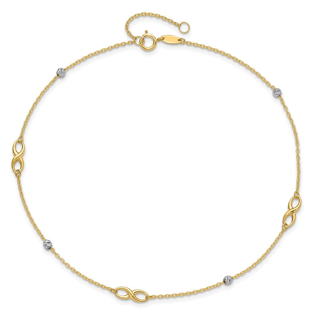 14K Two-Tone Diamond-cut Beads and Infinity 10 inch Plus 1 inch Extender - Total 11 inch Anklet