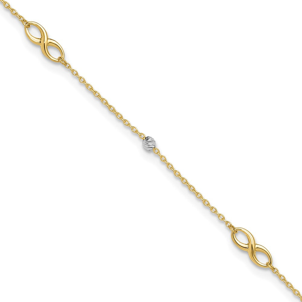 14K Two-Tone Diamond-cut Beads and Infinity 10 inch Plus 1 inch Extender - Total 11 inch Anklet