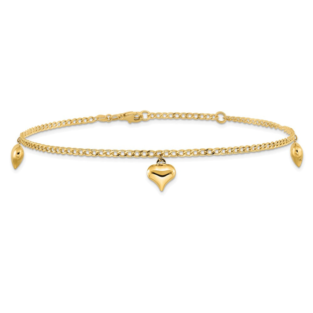 14K Polished Curb Chain with 3 Puffed Heart Dangles 9 inch Plus 1 inch Extender - Total 10 inch Anklet