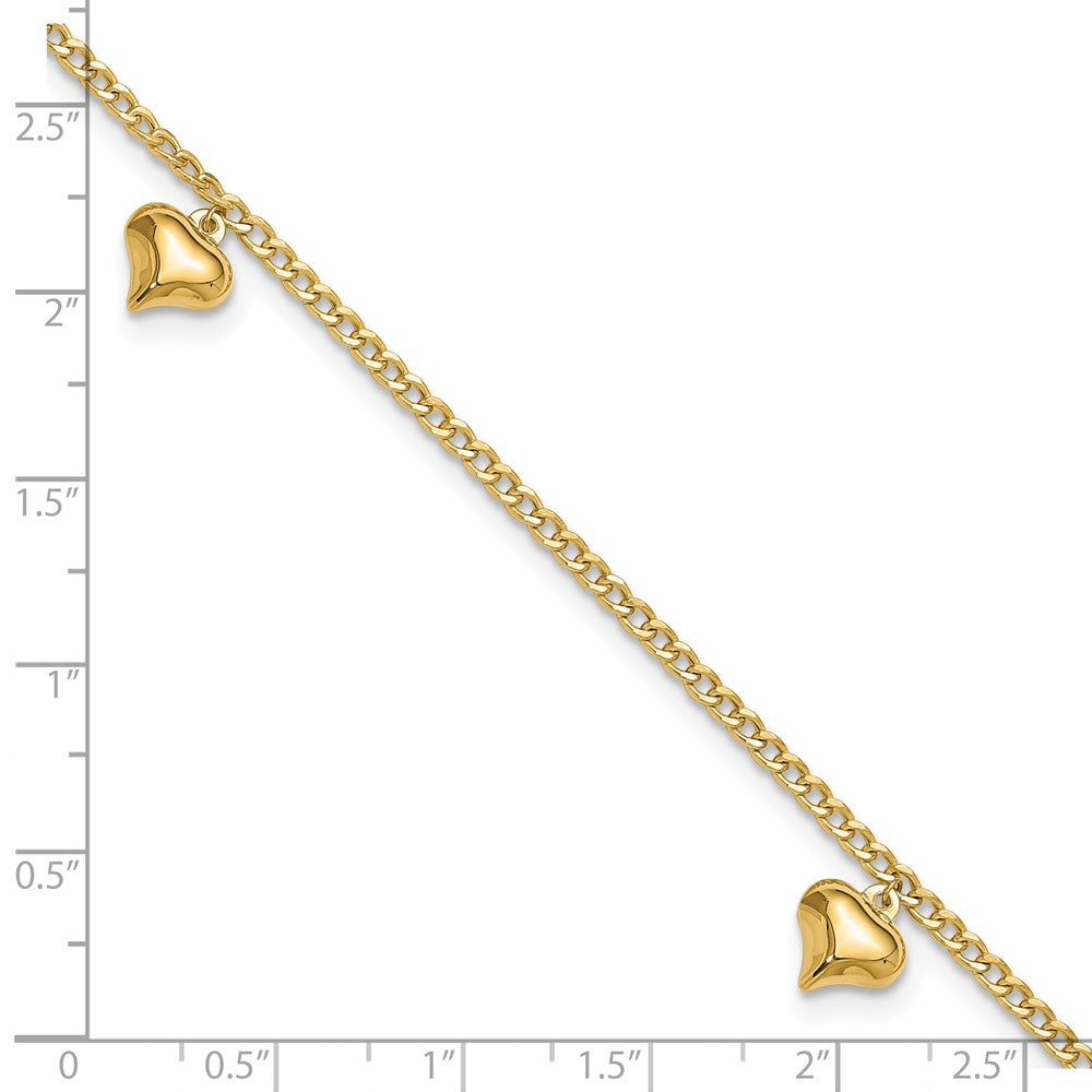 14K Polished Curb Chain with 3 Puffed Heart Dangles 9 inch Plus 1 inch Extender - Total 10 inch Anklet
