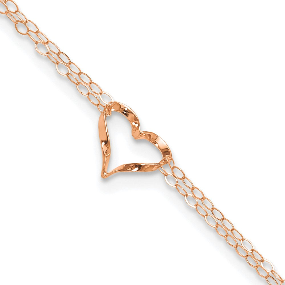 14k Rose Gold Double Strand Chain Twisted Heart 9 inch Plus 1 inch Extender - Total 10 inch Anklet