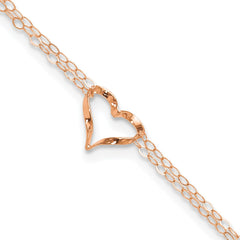14k Rose Gold Double Strand Chain Twisted Heart 9 inch Plus 1 inch Extender - Total 10 inch Anklet